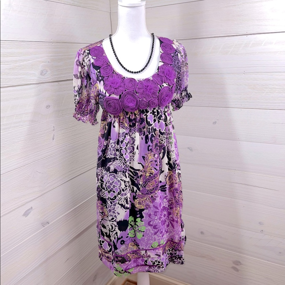 Beige by eci  Purple Floral Print and Embellished Dress S (jrs) FREE SHIP